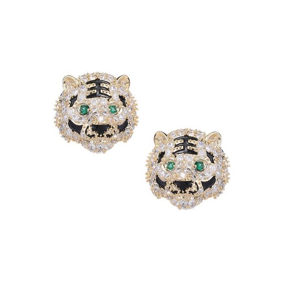 Tiger Head Cubic Zirconia Stud Earrings - Picture 3 of 5